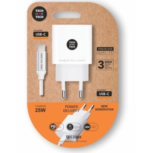 Cargador de pared tech one tech tec2266/ 1xusb tipo-c + cable usb tipo-c/ 3a/ blanco
