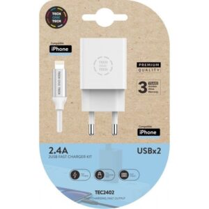 Cargador de pared tech one tech tec2402/ 2xusb + cable lightning/ 2.4a/ blanco