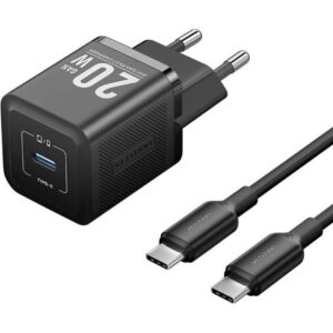 Cargador gan de pared vention tz-fepb0-eu-01/ 1xusb tipo-c + cable usb tipo-c/ 20w