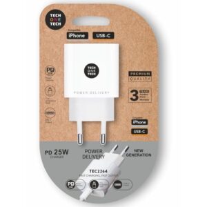 Cargador de pared tech one tech tec2264/ 1xusb tipo-c/ 25w/ blanco