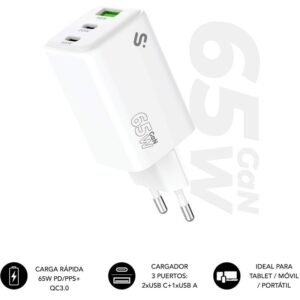 Cargador de pared gan subblim 65w charger usb c+c+a/ 2xusb tipo-c/ 1xusb/ 65w